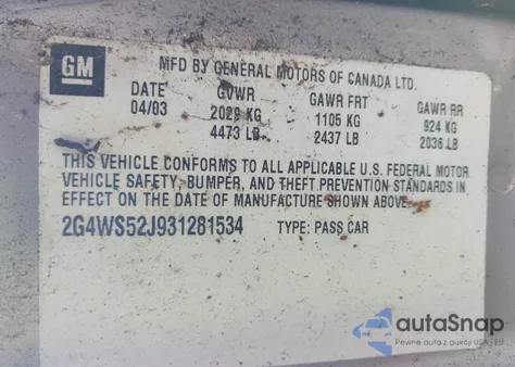 2003 Buick Century Custom z USA, uszkodzony, nr VIN 2G4WS52J931281534